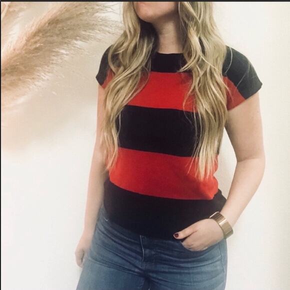 NEW PHILOSOPHY Short Sleeve Red Navy Blue Wide Striped Zipper Back Sweater M - Picture 1 of 6